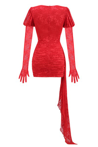 Cut Out Pleated Lace Mini Dress With Gloves