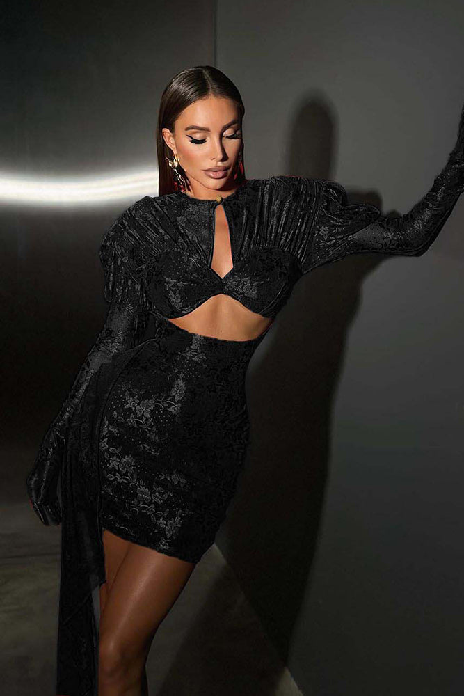 Cut Out Pleated Lace Mini Dress in Black With Gloves