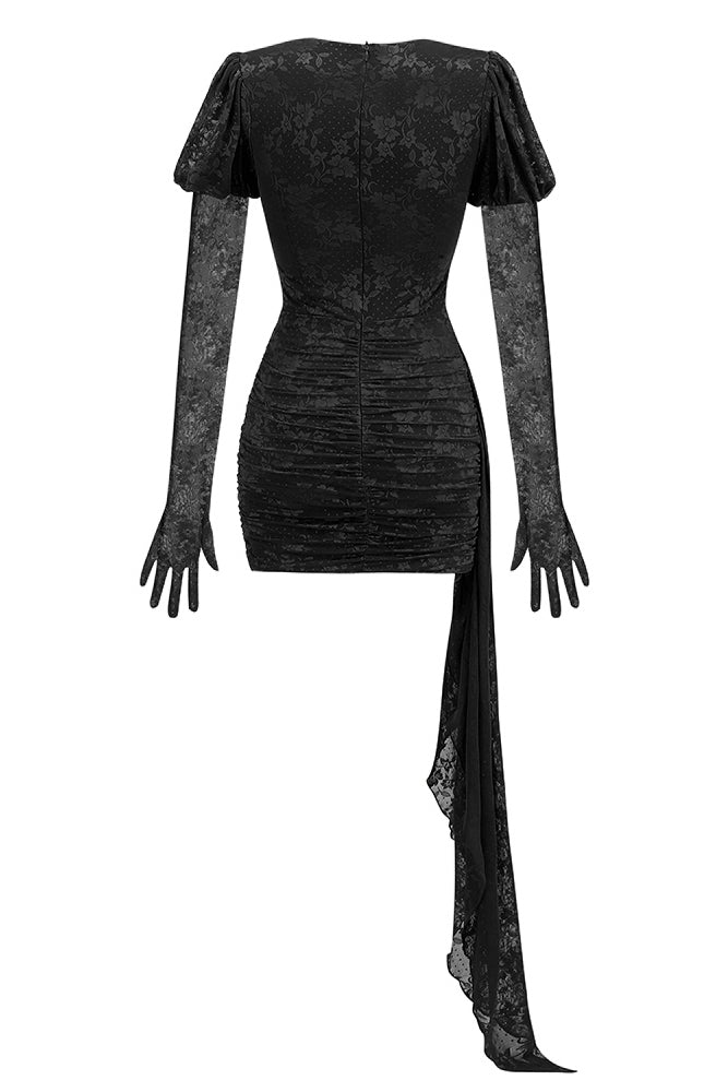 Cut Out Pleated Lace Mini Dress in Black With Gloves