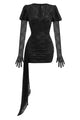 Cut Out Pleated Lace Mini Dress in Black With Gloves