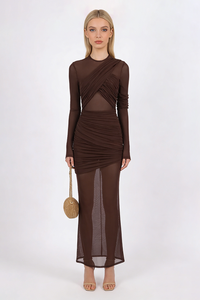 Long Sleeve Draped Mesh Maxi Dress
