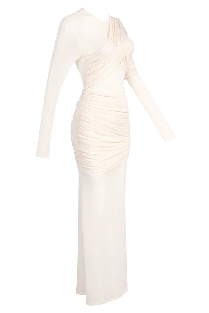 Long Sleeve Draped Mesh Maxi Dress