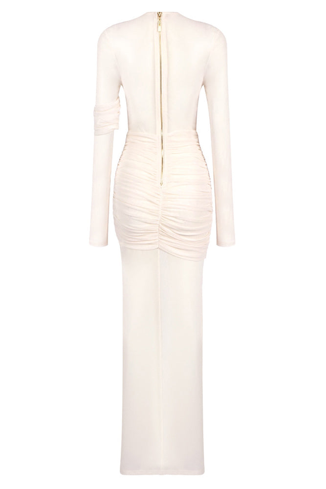 Long Sleeve Draped Mesh Maxi Dress