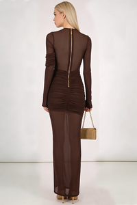 Long Sleeve Draped Mesh Maxi Dress