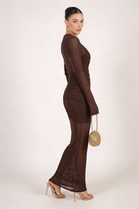 Long Sleeve Draped Mesh Maxi Dress
