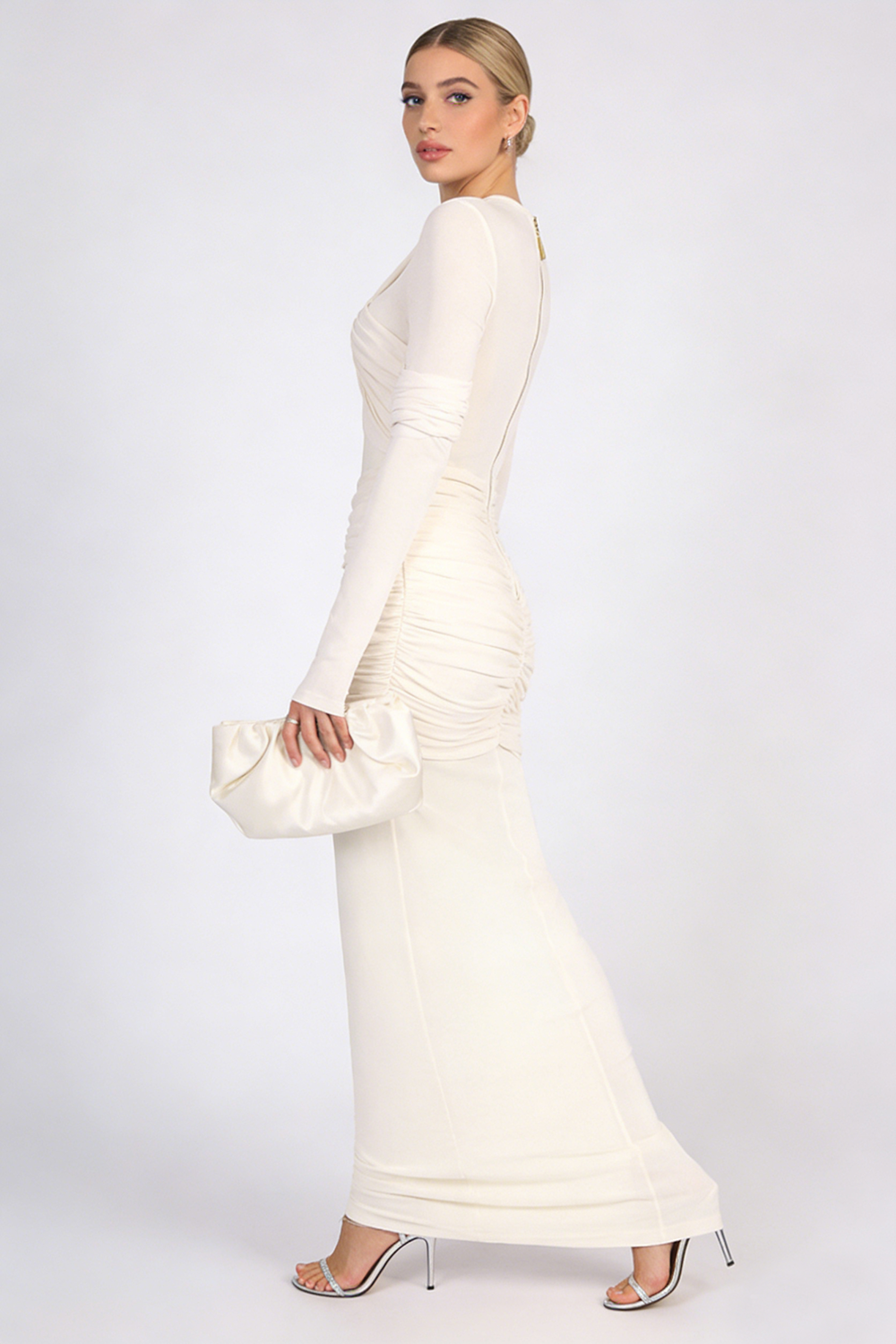 Long Sleeve Draped Mesh Maxi Dress