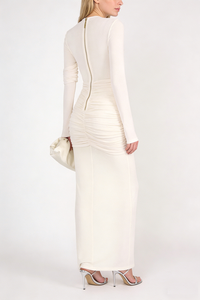 Long Sleeve Draped Mesh Maxi Dress