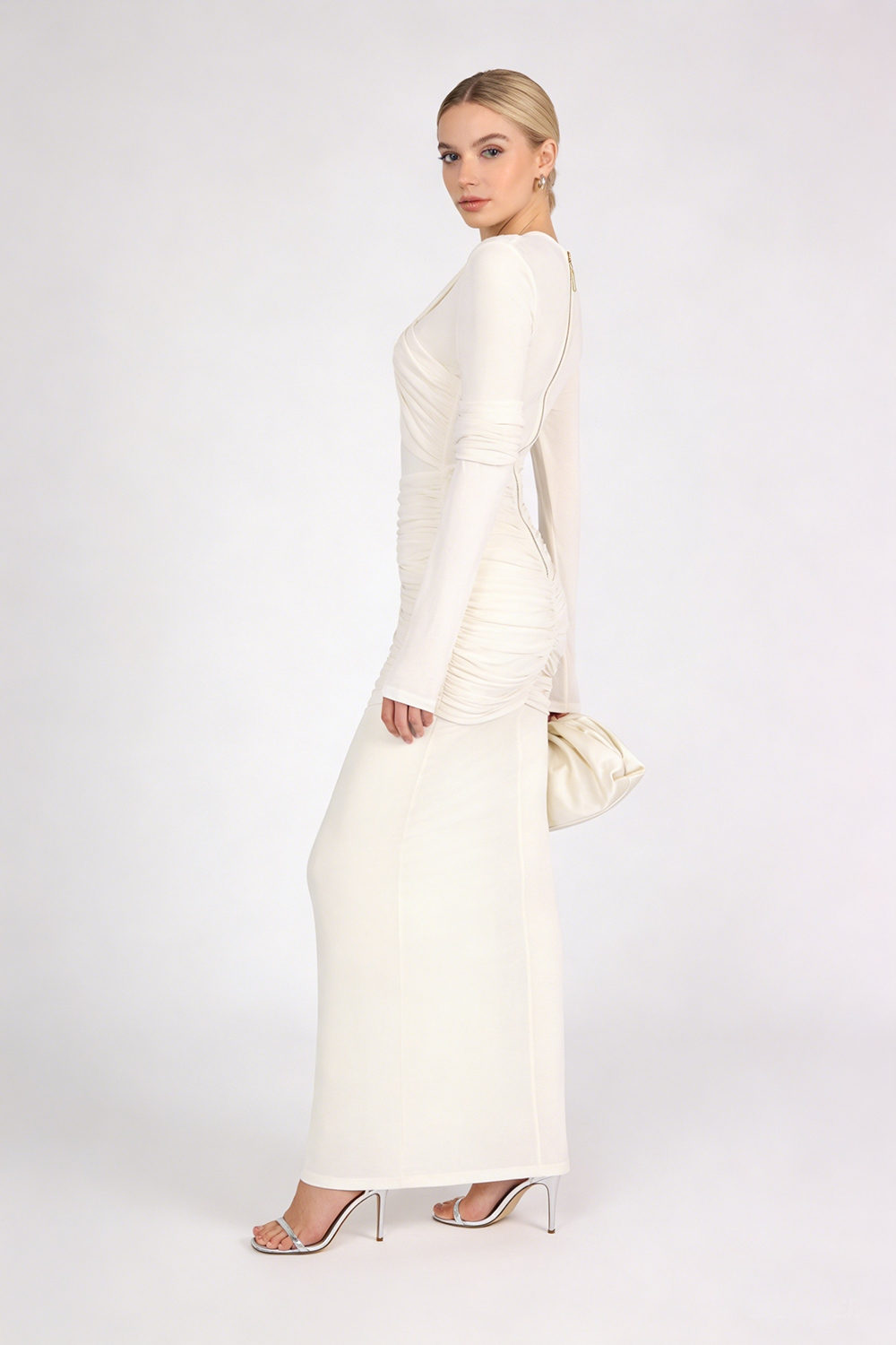 Long Sleeve Draped Mesh Maxi Dress