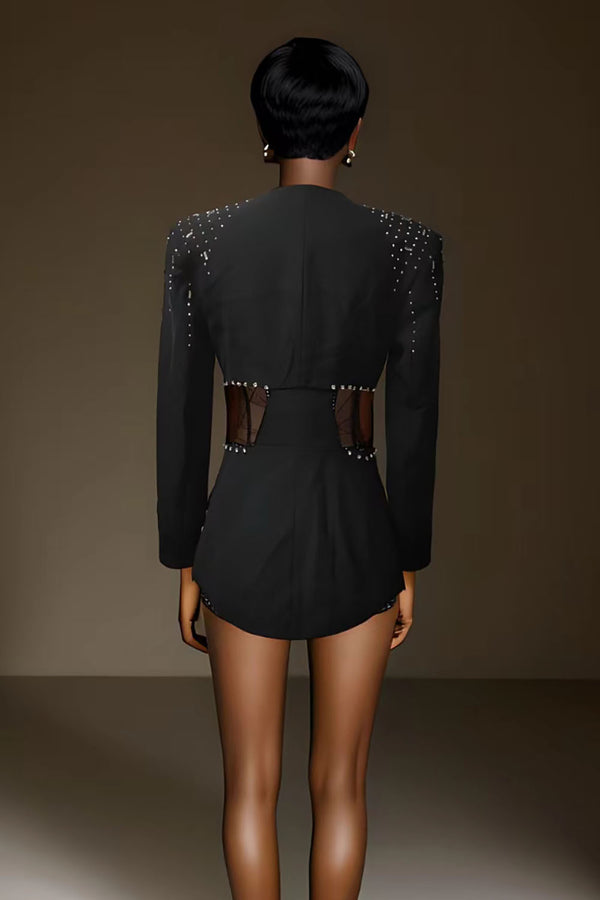 Luxury Strapless Jumpsuit Long Sleev Rhinestone Blazer