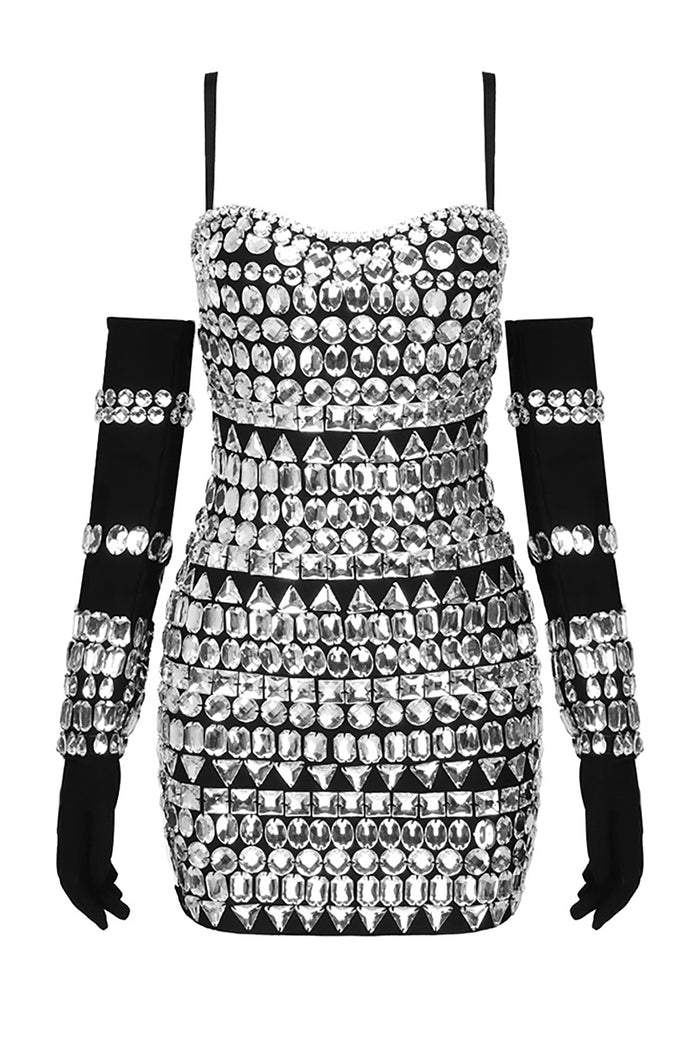 Rhinestone Embellishment Marquisette Dress With Gloves