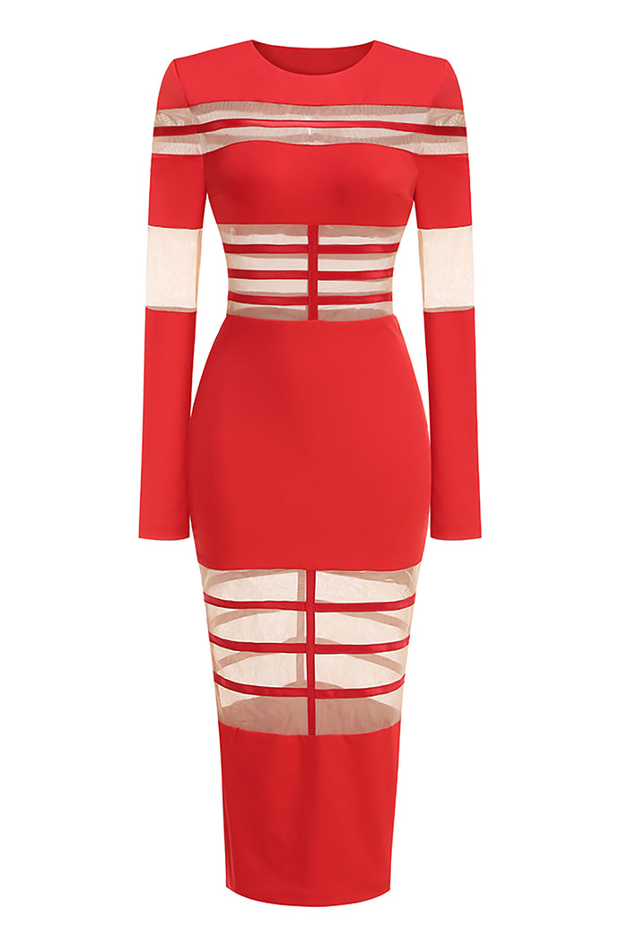 red fishtail midi dress Mesh-Panel Fishtail Midi Dress in Red CHICIDA