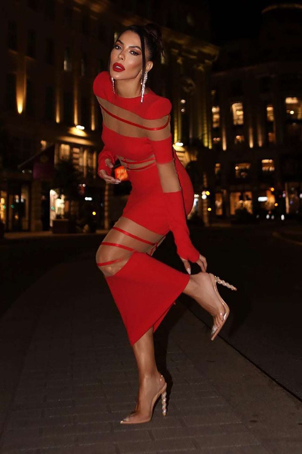 Mesh-Panel Fishtail Midi Dress in Red CHICIDA Mesh-Panel Fishtail Midi Dress in Red CHICIDA
