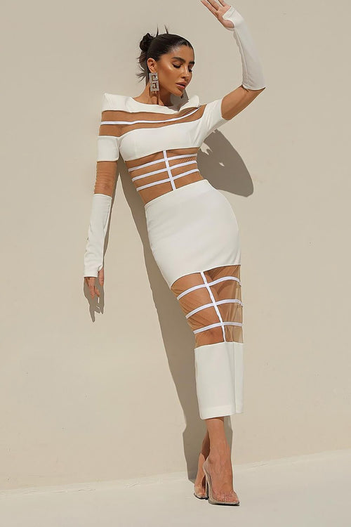 Mesh-Panel Fishtail Midi Dress in White – CHICIDA Mesh-Panel Fishtail Midi Dress in White – CHICIDA