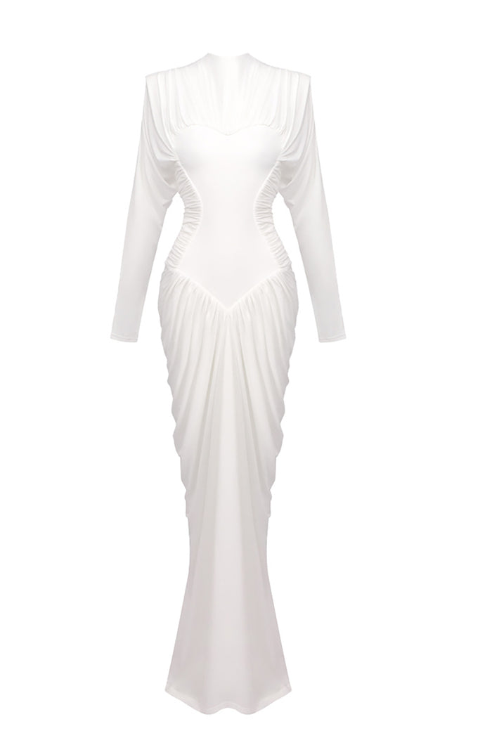Mesh-Paneled Ruched Gown In White