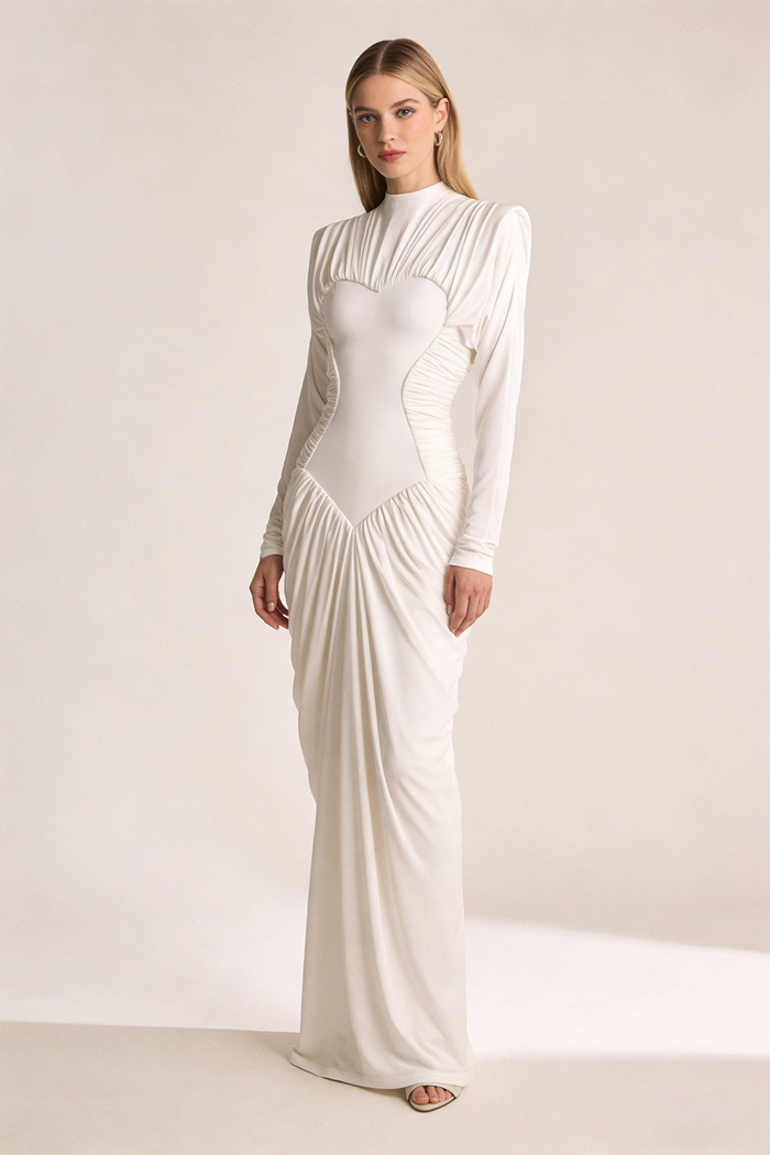 Mesh-Paneled Ruched Gown