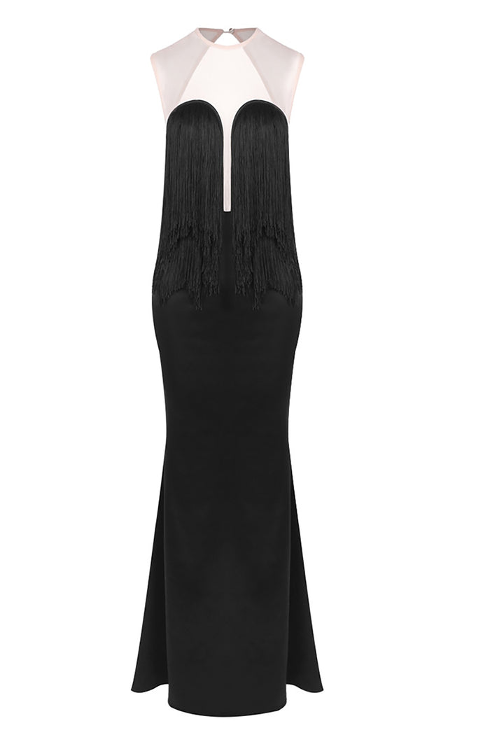 Mesh-paneled Fringe-detail Maxi Dress