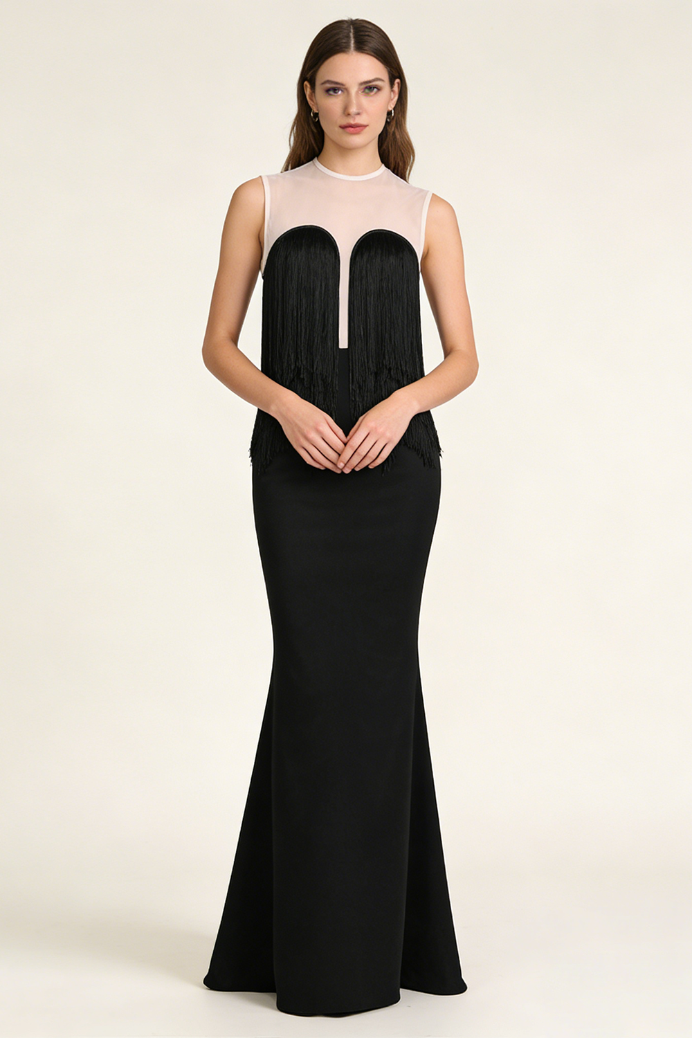 Mesh-paneled Fringe-detail Maxi Dress