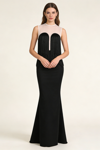 Mesh-paneled Fringe-detail Maxi Dress