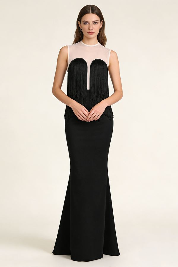 Mesh-paneled Fringe-detail Maxi Dress