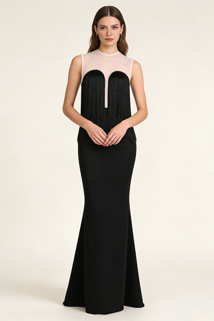 Mesh-paneled Fringe-detail Maxi Dress