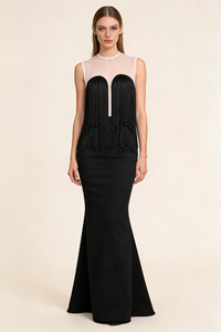 Mesh-paneled Fringe-detail Maxi Dress