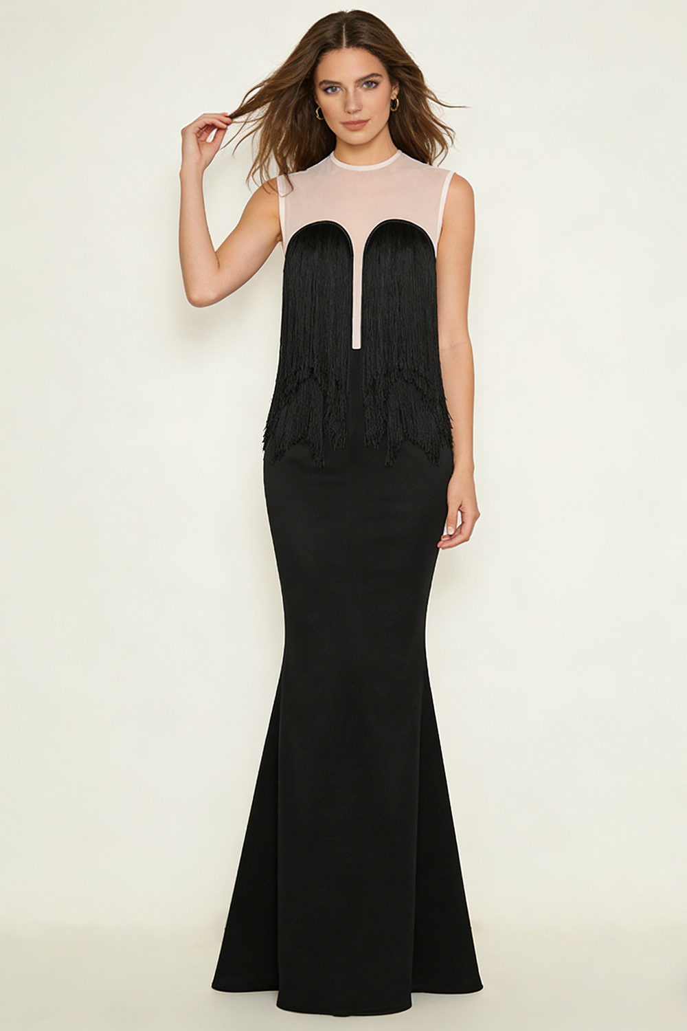 Mesh-paneled Fringe-detail Maxi Dress