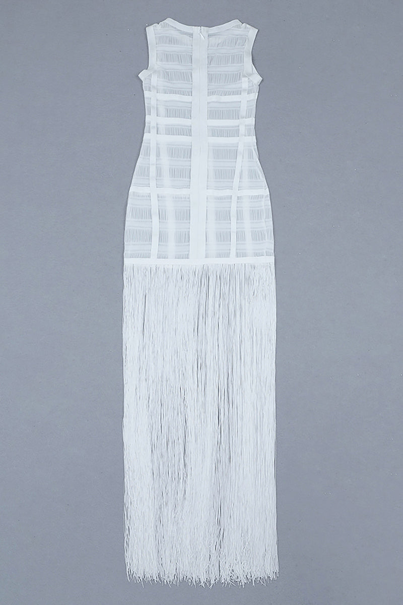 Length Tassel Mesh White Bodycon Sheath Dress - Chicida