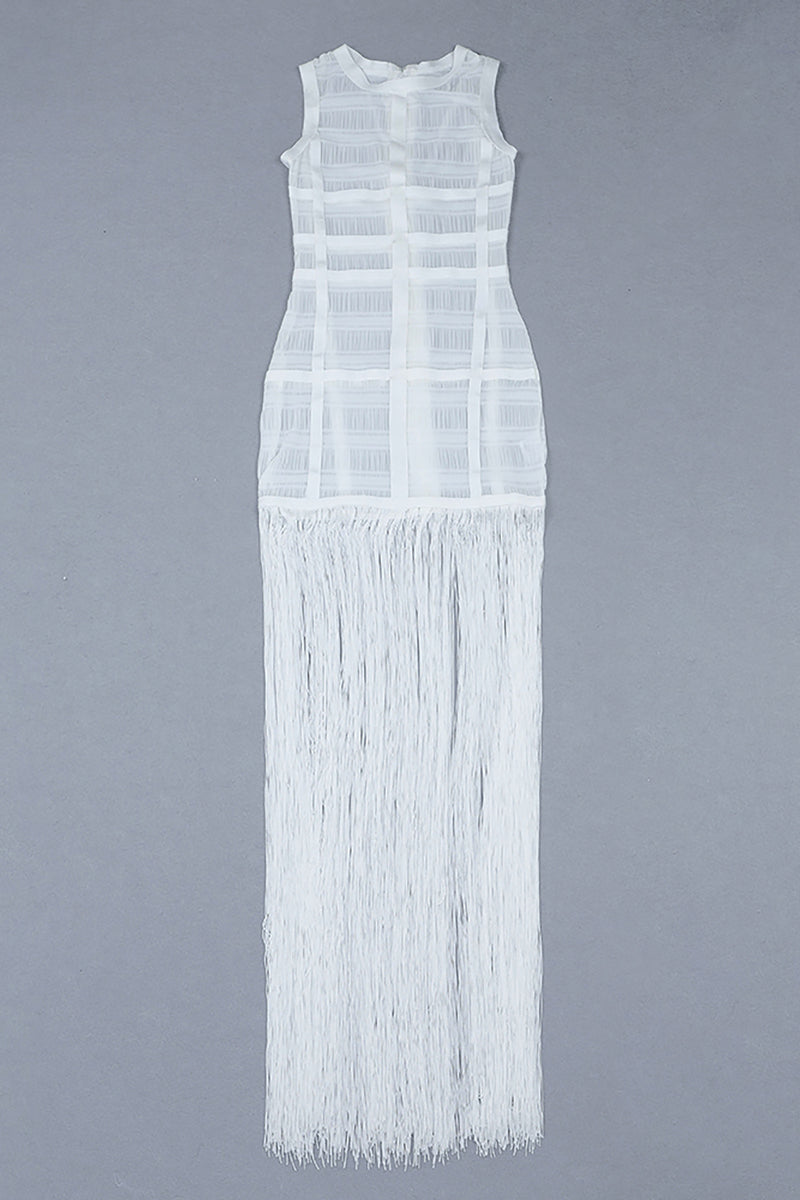 Length Tassel Mesh White Bodycon Sheath Dress - Chicida