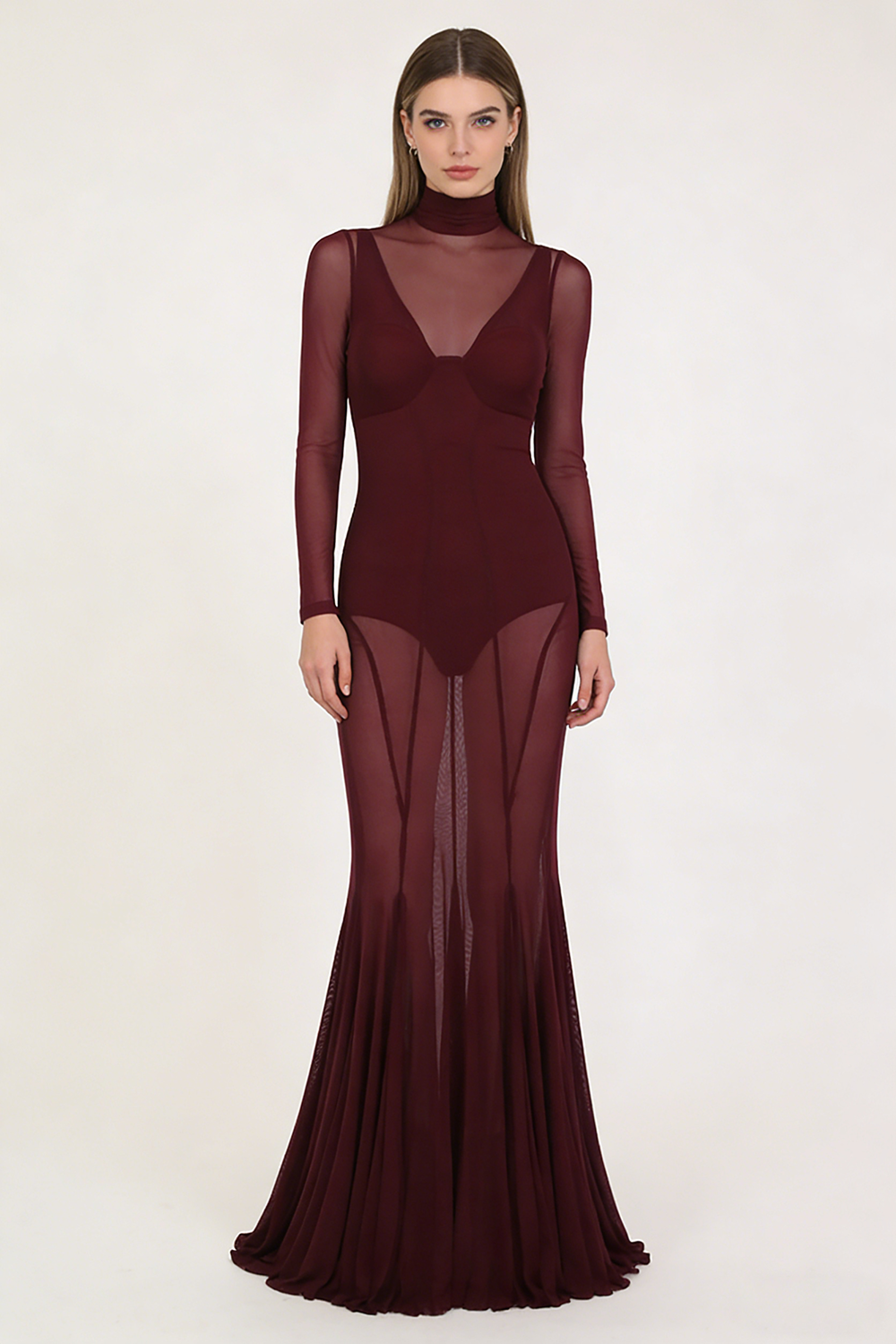 Mesh Tulle Maxi Dress in Burgundy