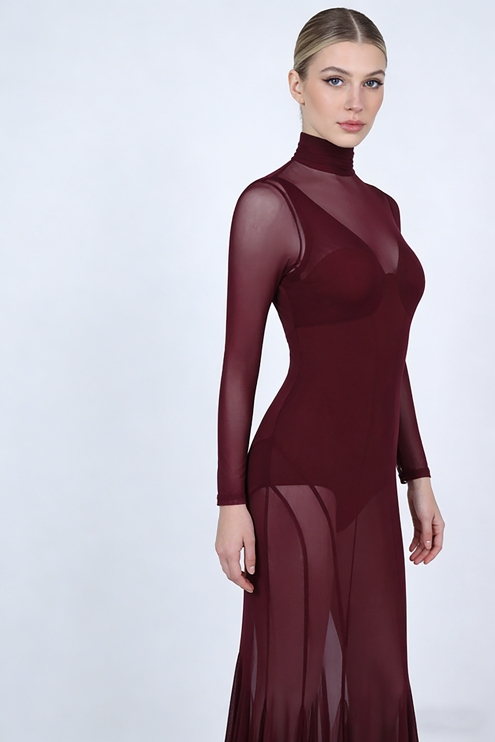 Mesh Tulle Maxi Dress in Burgundy