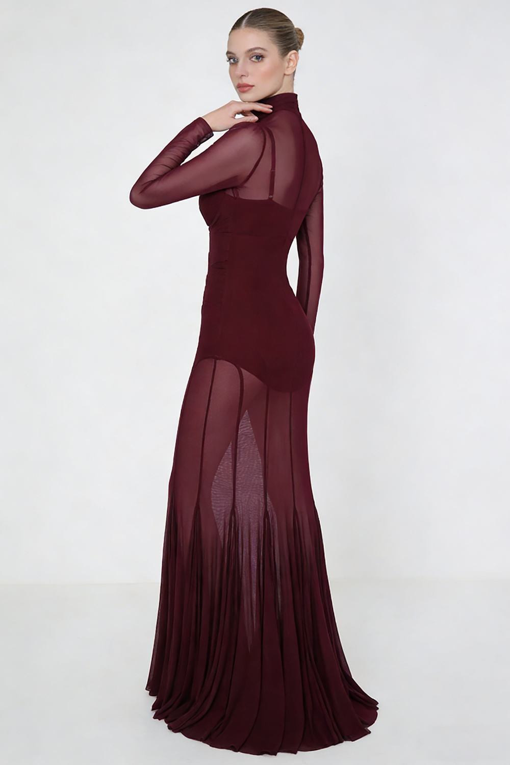 Mesh Tulle Maxi Dress in Burgundy