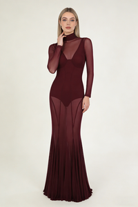 Mesh Tulle Maxi Dress in Burgundy