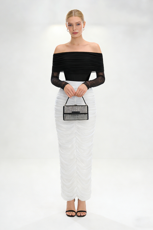 Mesh Sleeve Ruched Gown