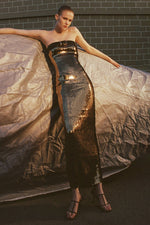 Metallic Sequin Belt Strapless Midi Dress In Gold