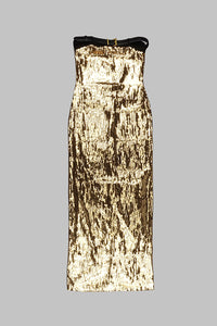 Robe mi-longue sans bretelles avec ceinture à sequins métallisés - Doré