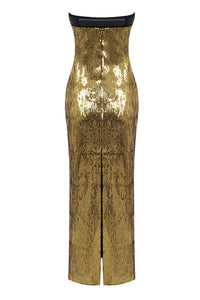 Vestido midi dorado sin tirantes con cinturón de lentejuelas metalizadas