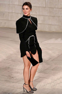 Mock Long Sleeve Crystal Trim Mini Dress