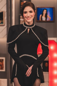 Mock Long Sleeve Crystal Trim Mini Dress