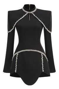 Mock Long Sleeve Crystal Trim Mini Dress