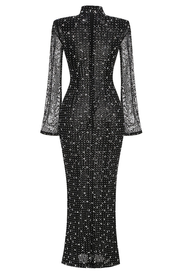 Mock Rhinestoned Mesh Midi Dress