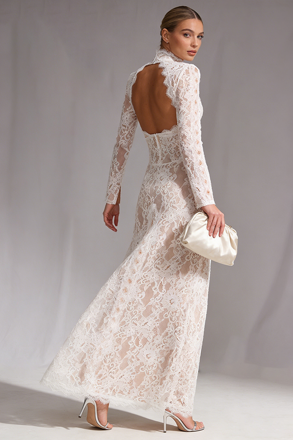Mock Cut Out Lace Gown in White