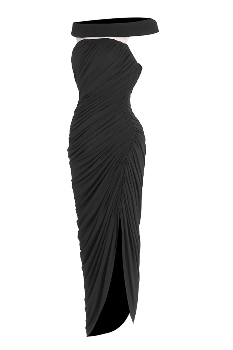 Off-Shoulder Draped Maxi Dress in Black