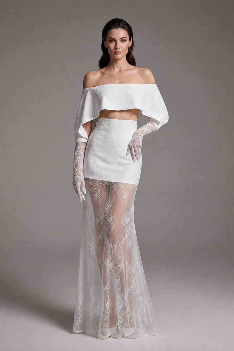 Off-Shoulder Lace Gloves Formal Dress in White