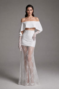 Off-Shoulder Lace Gloves Formal Dress in White