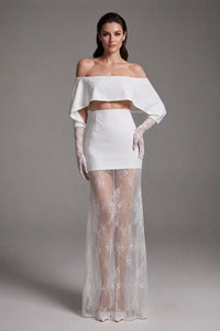 Off-Shoulder Lace Gloves Formal Dress in White