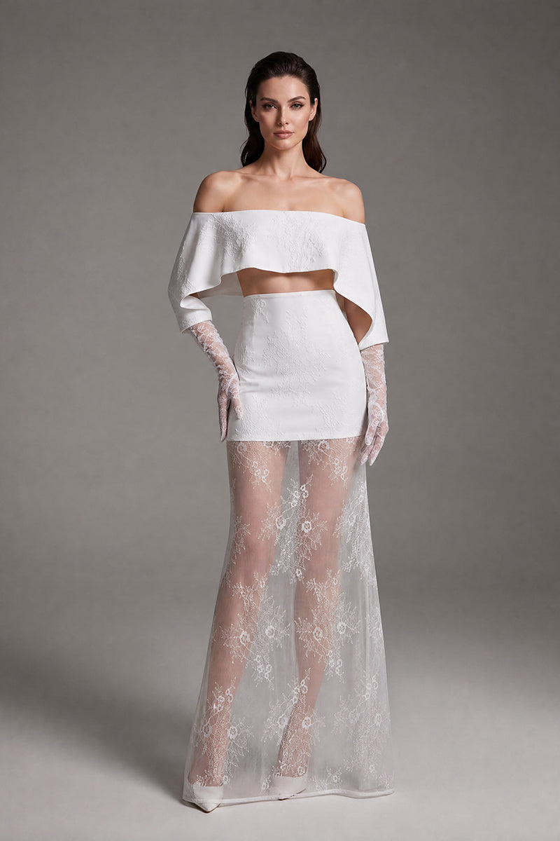 Off-Shoulder Lace Gloves Formal Dress in White