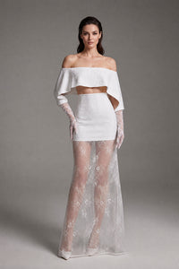 Off-Shoulder Lace Gloves Formal Dress in White