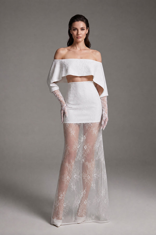 Off-Shoulder Lace Gloves Formal Dress in White