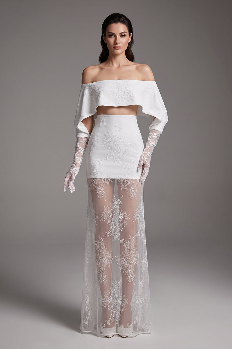 Off-Shoulder Lace Gloves Formal Dress in White
