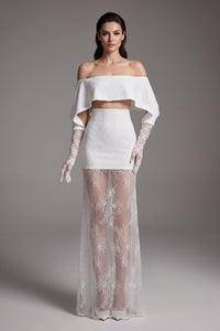 Off-Shoulder Lace Gloves Formal Dress in White